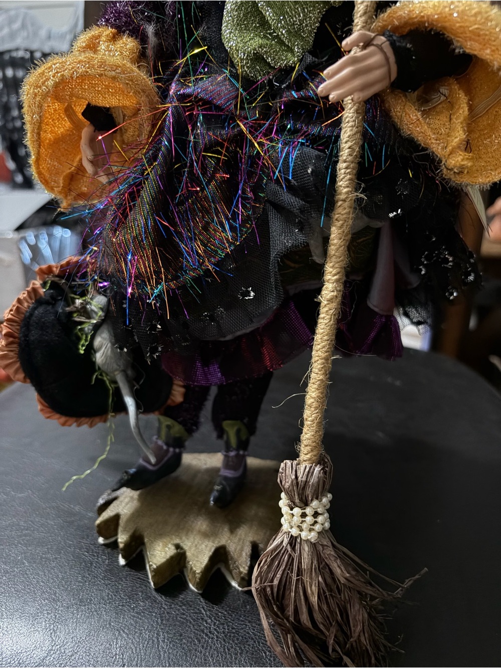 Handcrafted Witch Figurine with Broom - Purple, Orange, Decorative Home Accents - Picture 5 of 8